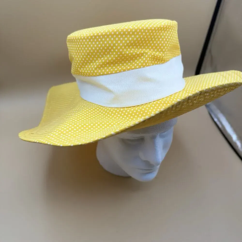 Vintage Rare Polka Dot Sun Hat Yellow White Adult White Band Wide Brim Bucket